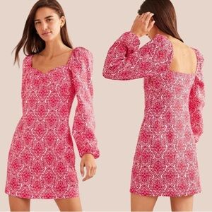 Boden Linen Long Puff Sleeve Mini Shift Dress Pop Peony Vine Terrace 14